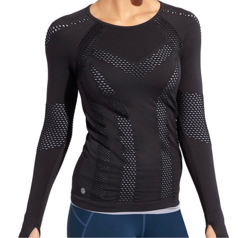 Athleta Womens Black Burpee Laser Cut Long Sleeve Double Layer Active Top,Size M